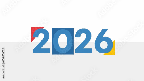 Stylized blue numbers forming the year 2026 with colorful geometric accents on a light background.