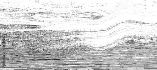 Black and white abstract layered geological strata with horizontal lines pattern