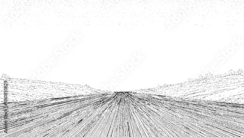 Black and white of a road stretching into the distance with textured hills and trees highway asphalt