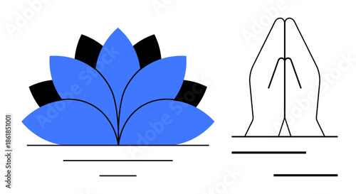 Blue lotus flower and hands in prayer emphasize spirituality and tranquility. Ideal for mindfulness, meditation, faith, yoga, self-care, relaxation, and inner peace themes. Simple flat metaphor