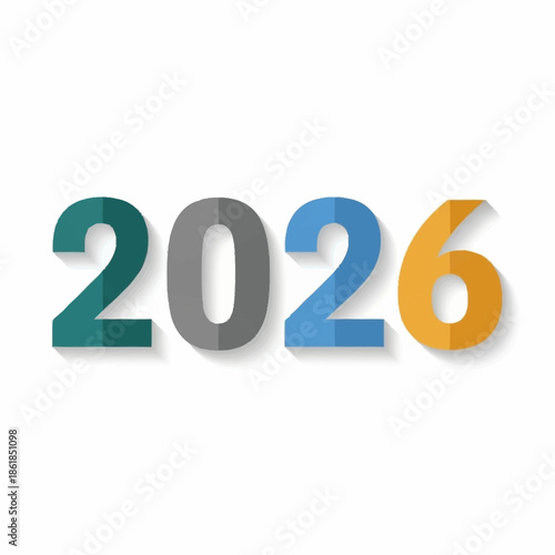The year 2026 displayed in a modern flat design style with colorful digits and subtle shadows on a white background.