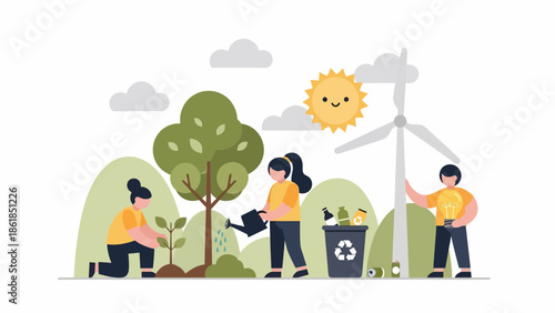 People Planting Trees and Wind Turbine.