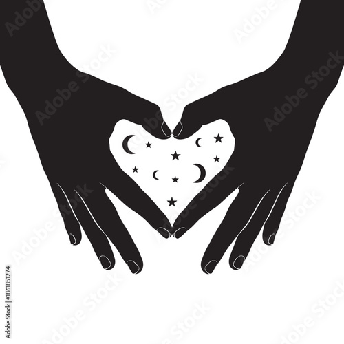 Silhouette hands forming heart with celestial symbols inside
