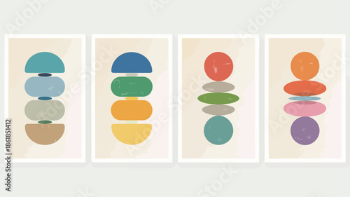 Vibrant abstract art with stacked colorful shapes on beige background