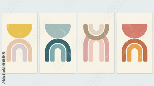 Vibrant abstract art pieces with colorful geometric shapes and arches on cream background