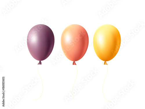 Set of realistic 3D balloons in purple, orange and yellow colors isolated on white. Glossy vector illustration for birthday parties, celebrations and festive event decorations.