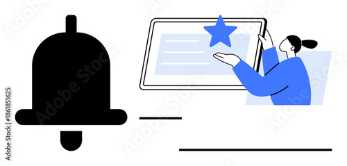 Notifications, digital interaction, alerts, user engagement, online interface, app features. Bell icon and person with tablet interface. Notifications and digital interaction concept