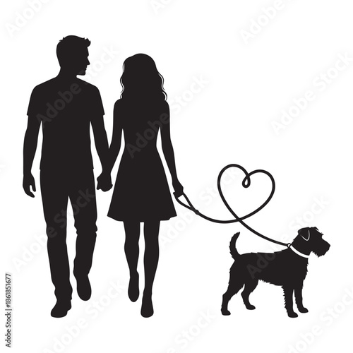 Loving couple walking hand in hand with dog on heart shaped leash