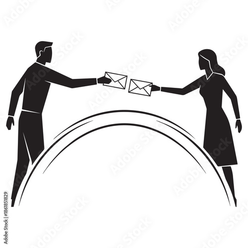 Business professionals exchanging letters in modern silhouette style