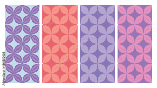 Vibrant leaf pattern designs in purple, pink, and red hues for decorative use