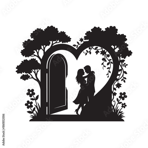 Romantic couple embracing in heart shaped garden doorway