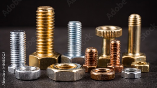 A collection of assorted metal bolts and nuts on a dark surface