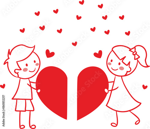 cartoon couple holding heart illustration on white background