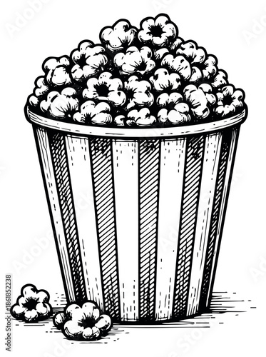 Hand drawn line art illustration of a popcorn bucket depicting a classic cinema snack for movie nights