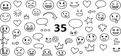 A collection of thirty-five diverse emoticon icons displayed on a clean white background with various facial expressions and symbols.