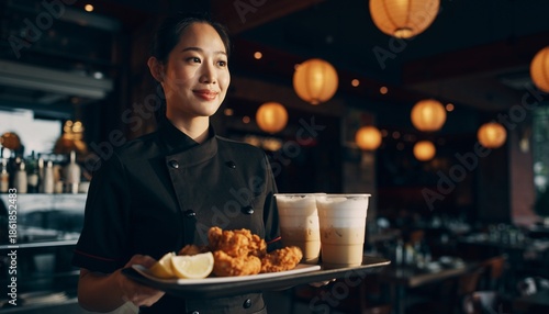 Asian waitress serving fried chicken and drinks in a restaurant