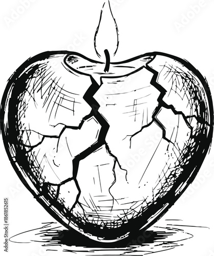 Broken heart candle with cracked surface and lit flame