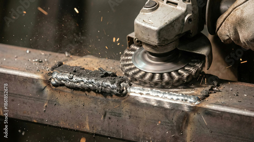Welder cleaning steel weld seam with wire brush angle grinder