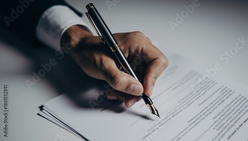 Closeup of a person signing a document with a fountain pen