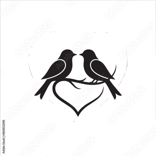 Two birds sitting on a branch forming a heart shape