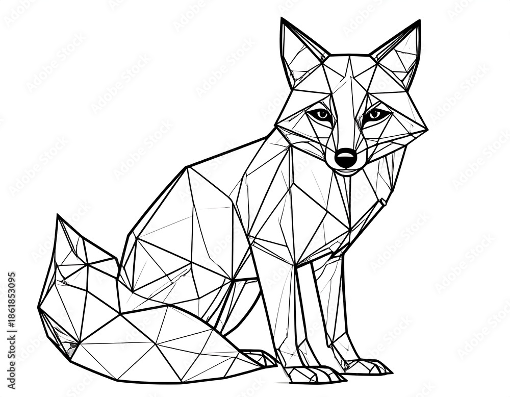 Fototapeta premium Geometric outline of a fox in a seated position, black lines on white