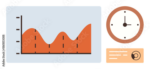 Rising line graph for trend monitoring, analog clock, and ID card highlight themes of productivity, time management, performance, and personal identification. Ideal for business, analytics