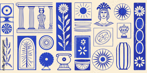 A collection of blue and white ancient greek motifs and decorative elements