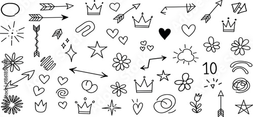 Various Hand-Drawn Symbols and Icons Including Arrows, Crowns, Stars, and Hearts on a White Background