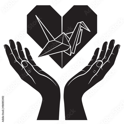 Origami crane in heart shape held by hands