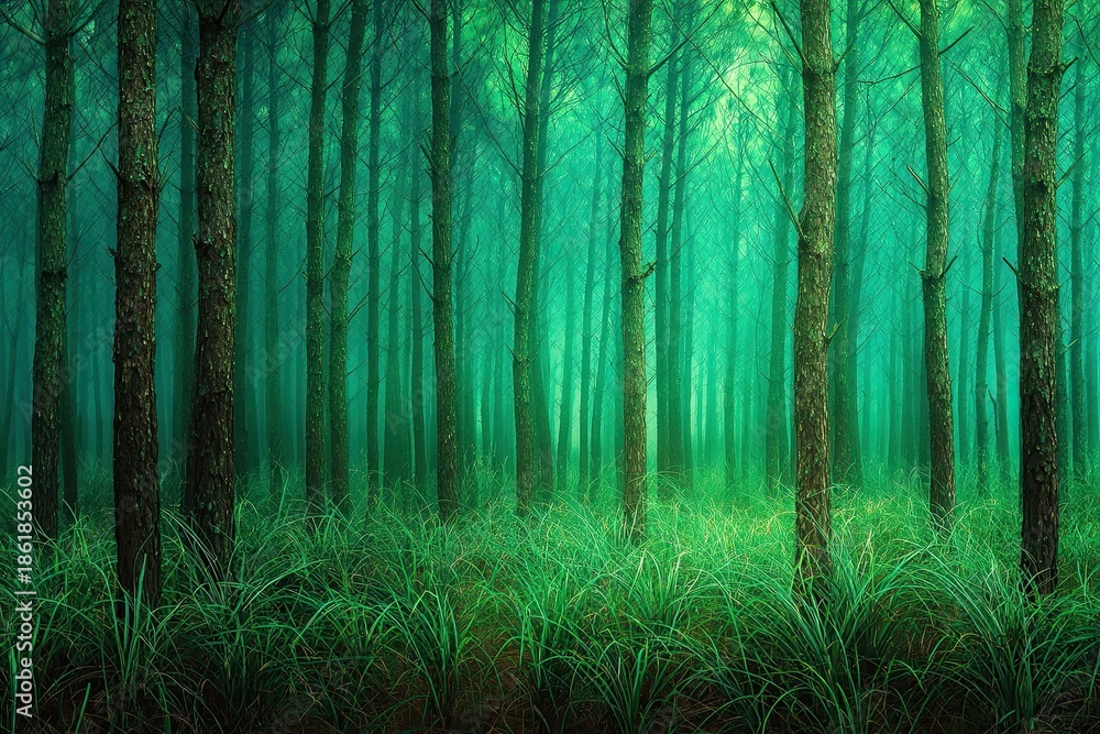 Fototapeta premium Dense emerald forest, tall trees, misty and verdant