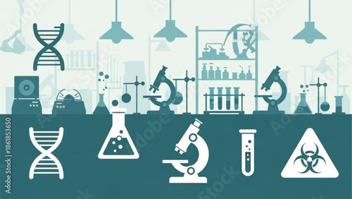Illustrative view of a scientific laboratory with essential equipment microscopes, DNA, test tubes. Represents research, education, and advancements in chemistry and biology