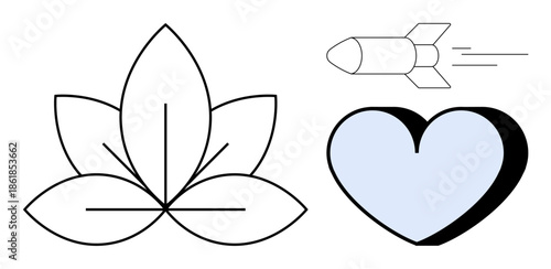 Wellness, innovation, emotions, spirituality, love, mindfulness. Outlined lotus flower, rocket and blue heart symbols. Wellness and innovation concepts reflecting peace and progress