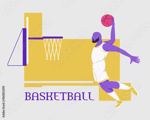 A flat vector illustration of a male basketball player in a white uniform slamming the ball into the hoop against an abstract yellow and purple background with text.