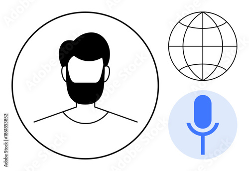 Digital identity, global networking, voice recognition, online presence, virtual assistance, communication technologies. a profile avatar, globe icon and microphone. Digital identity and global