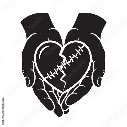 Hands cradling a broken heart with stitched seams