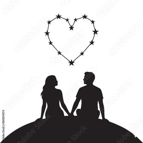 Loving couple sitting together under starry heart shaped constellation