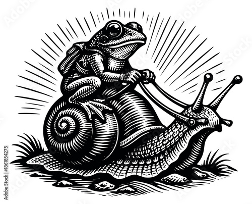 Hand drawn woodcut style illustration of a frog riding a snail depicting a whimsical journey for slow travel and perseverance themes