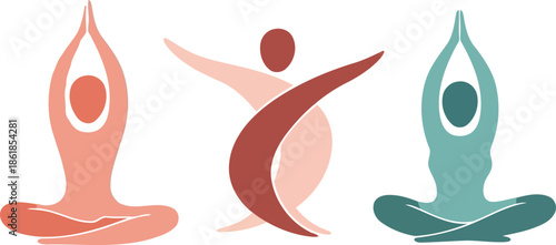 Stylized illustration of three figures representing yoga, meditation, and human connection, promoting wellness and balance.