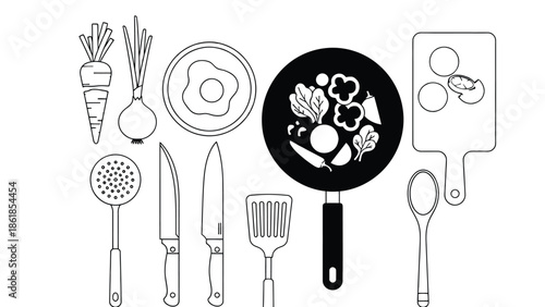 A colorful illustration of kitchen utensils and food on a beige background