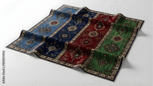 Elegant traditional decorative mat showcasing intricate ornate patterns and vibrant colors in distinct blue, red, and green sections on a neutral surface, adding a touch of classic sophistication