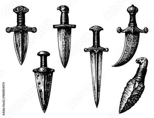 Hand drawn dagger set featuring various antique and fantasy designs for historical illustrations