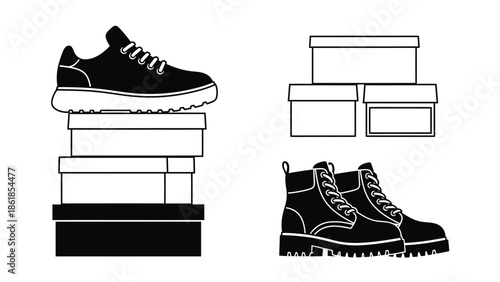 A black and white illustration of shoes and shoe boxes in various arrangements
