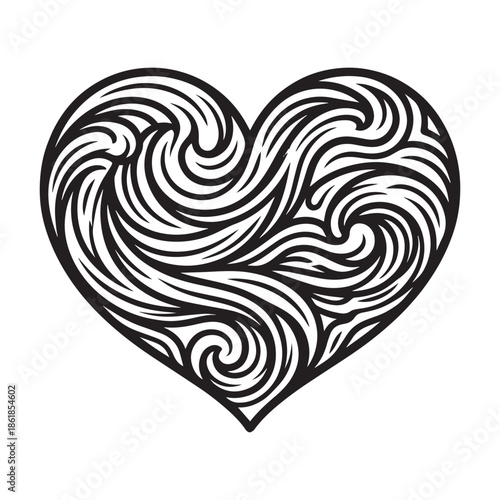 Stunning black and white heart design with swirling patterns