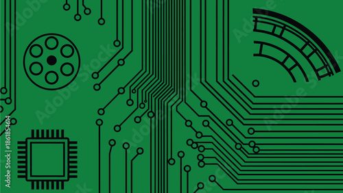 A close-up view of a circuit board with gold lines and components on a black background