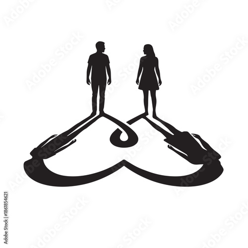 Silhouettes of man and woman held by hands in heart shape