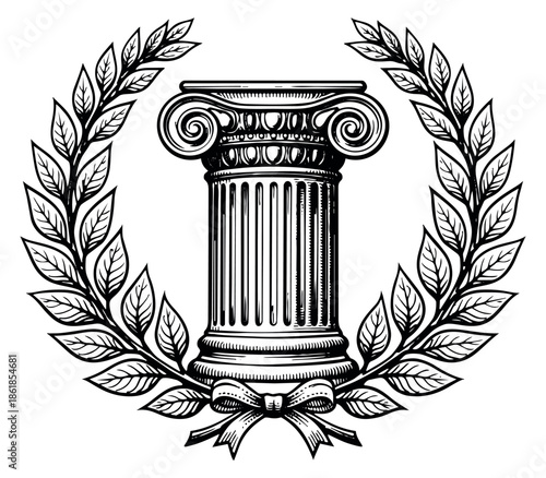 Hand drawn line art illustration of a classical ionic column framed by a laurel wreath depicting triumph and success for educational and legal design