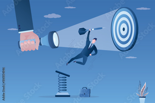 Big hand of teacher or mentor holds flashlight and illuminate goal for new entrepreneur. Businessman uses dart and metal spring for hit target. Education, business assistance