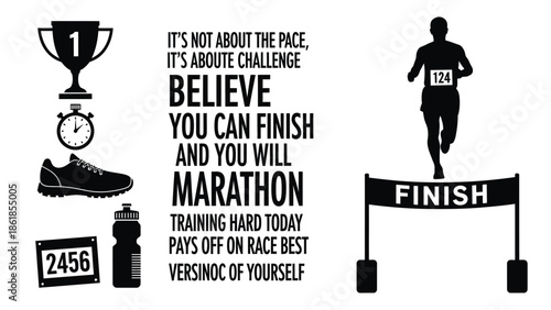A motivational marathon poster with a runner crossing the finish line and various training icons