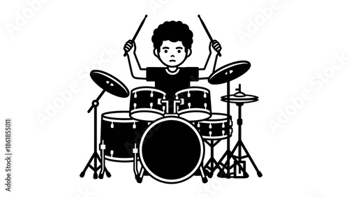A cartoon boy enthusiastically playing a drum set with drumsticks in hand.