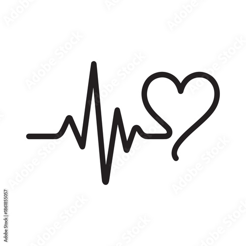 Heartbeat line vector icon, black pulse trace with heart shape, medical health rhythm, isolated on white